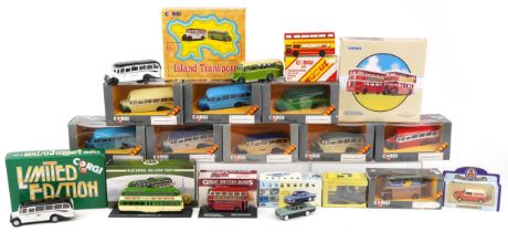 Diecast model predominantly buses and related with boxes including Corgi Classics and Trams of the