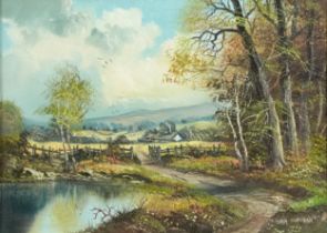 John Corcoran - Park beside a pond before a landscape, oil on canvas, mounted and framed, 35cm x