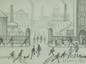 Manner of Laurence Stephen Lowry - Industrial street scene with figures walking about, mounted,