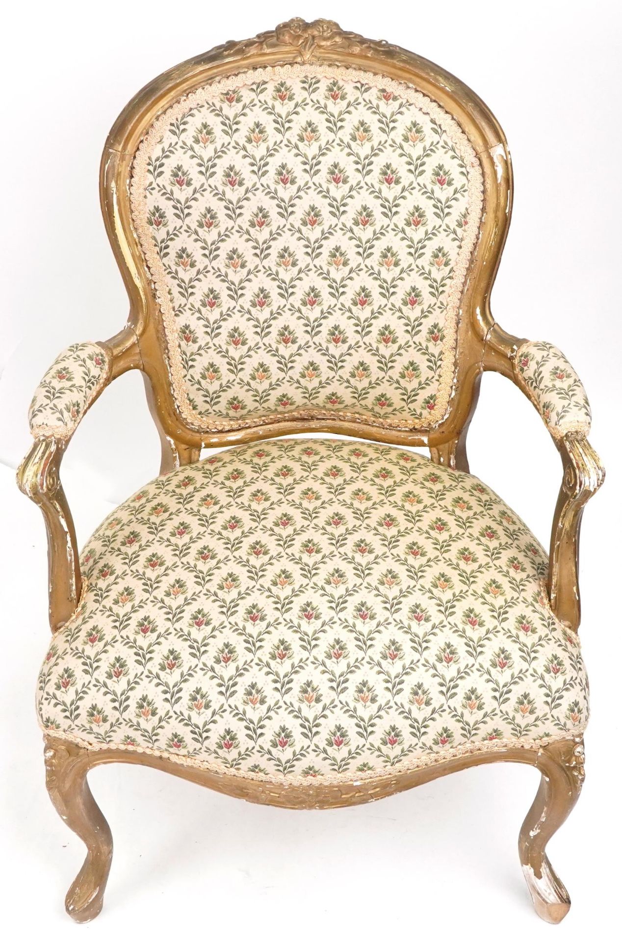 French gilt framed elbow chair with floral upholstery, 99cm high - Image 3 of 4