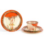 Clarice Cliff, Art Deco Honeyglaze conical teaware hand painted in the Taormina pattern comprising