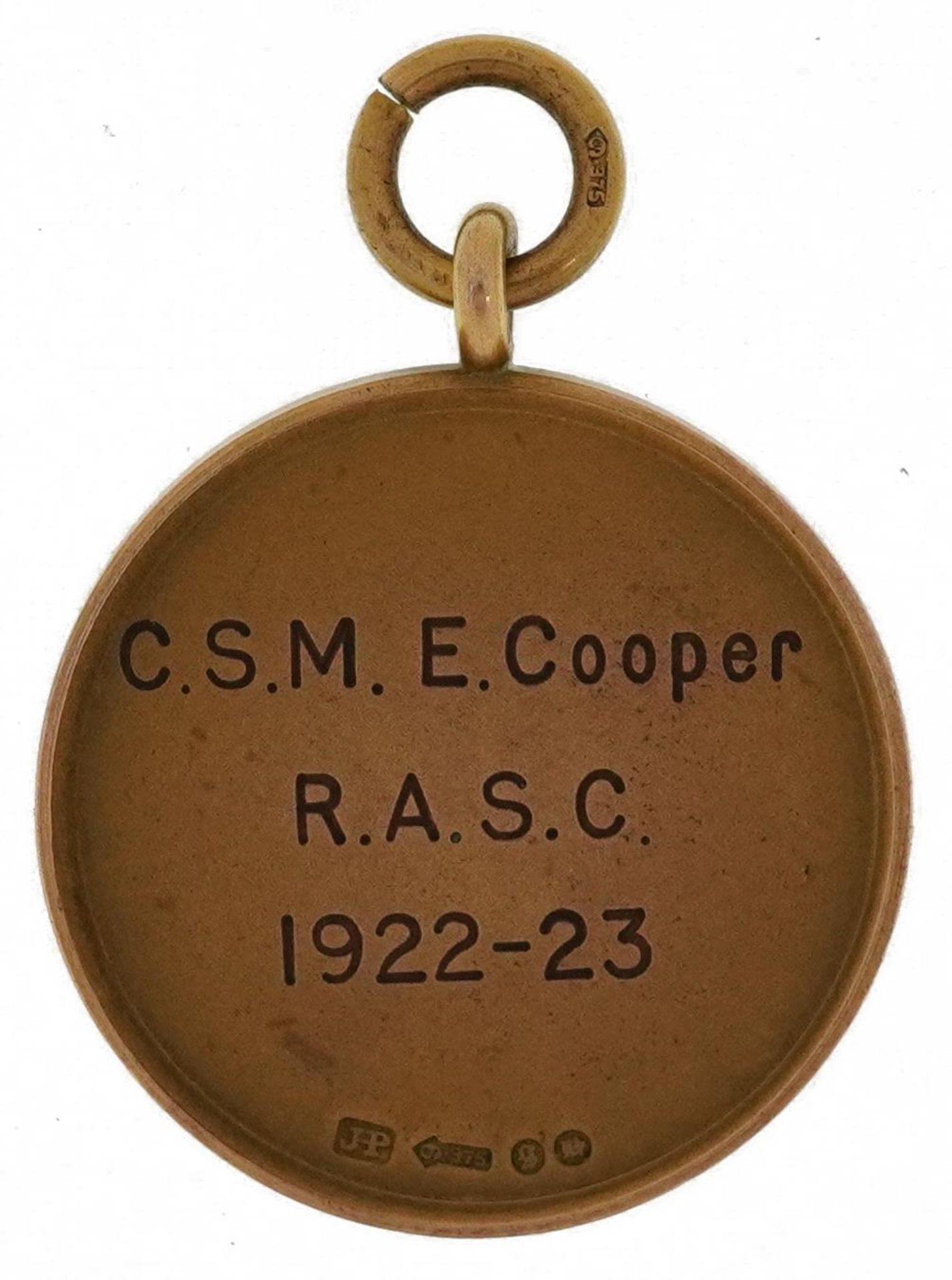 Military interest 9ct gold Inter-Services Association Football jewel awarded to C.S.M.E.COOPER R.A. - Image 2 of 3