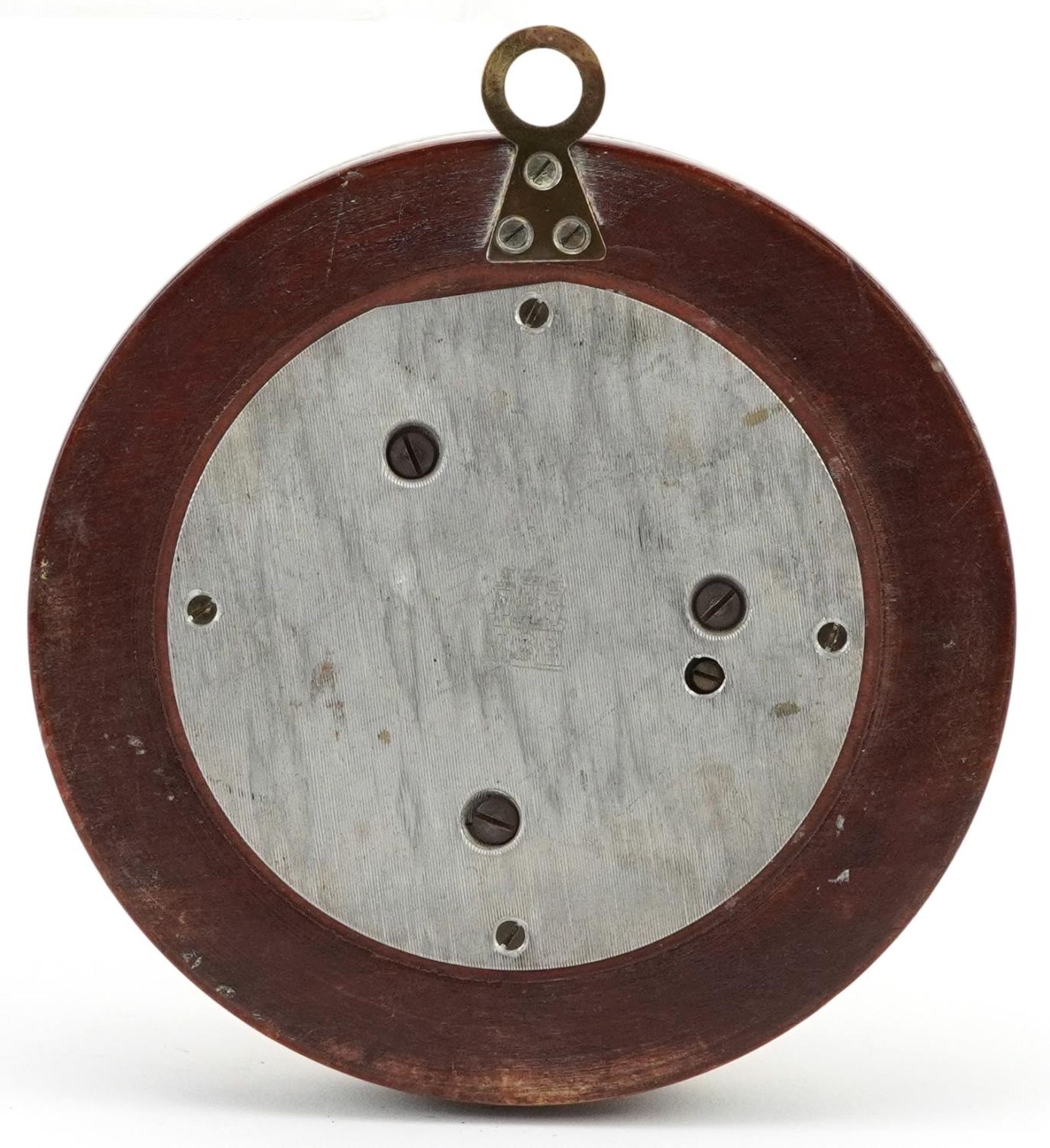 George V circular silver mounted mahogany wall barometer having enamelled dial with Arabic numerals, - Bild 2 aus 3