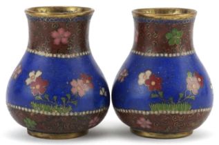 Pair of Japanese cloisonne vases enamelled with flowers, each 7.5cm high