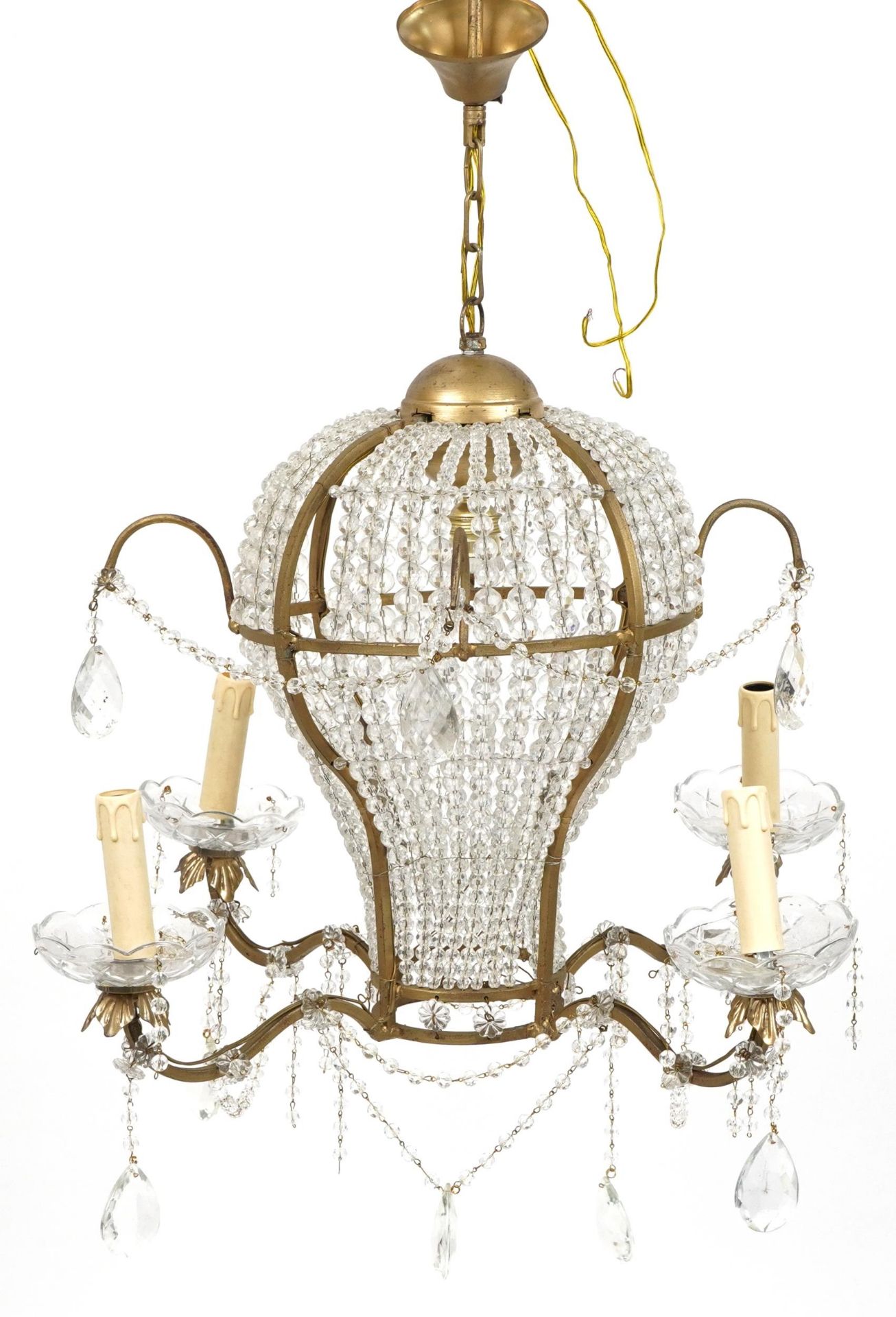 Ornate gilt metal and glass four branch chandelier with four girondelles and drops, overall 88cm