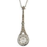 Unmarked white gold diamond pendant on an unmarked white gold necklace, the largest diamond