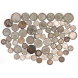 British pre decimal, pre 1947 coinage including shillings and threepences, 195g