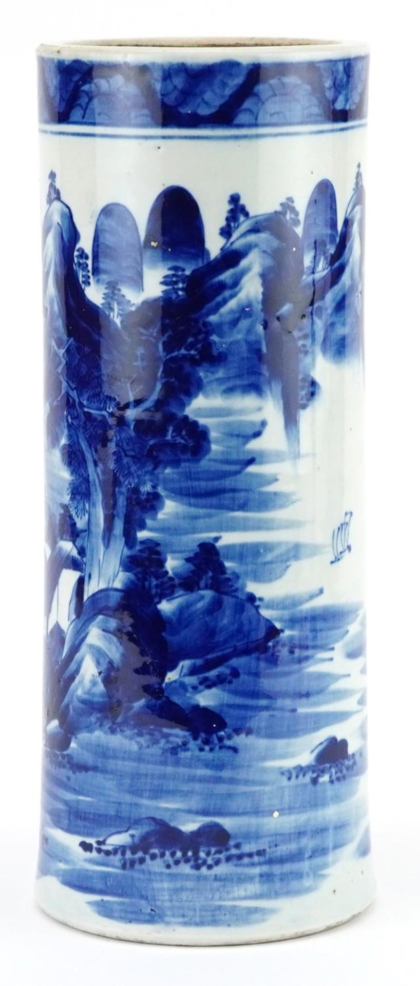Japanese blue and white porcelain cylindrical vase hand painted with a continuous river landscape, - Bild 3 aus 7