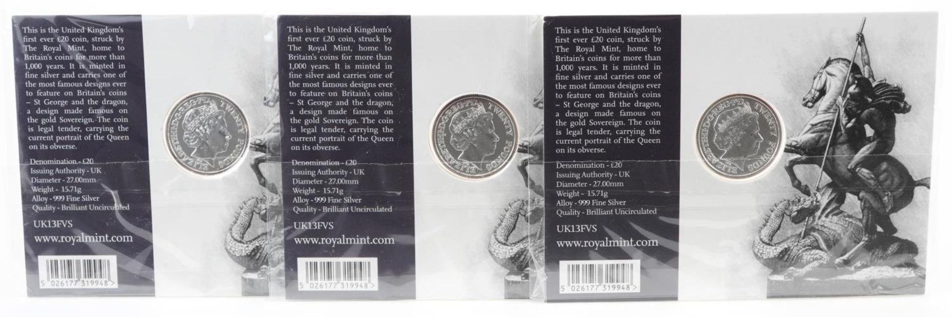 Three Elizabeth II 2013 George and the Dragon twenty pound fine silver coins by The Royal Mint - Image 3 of 4