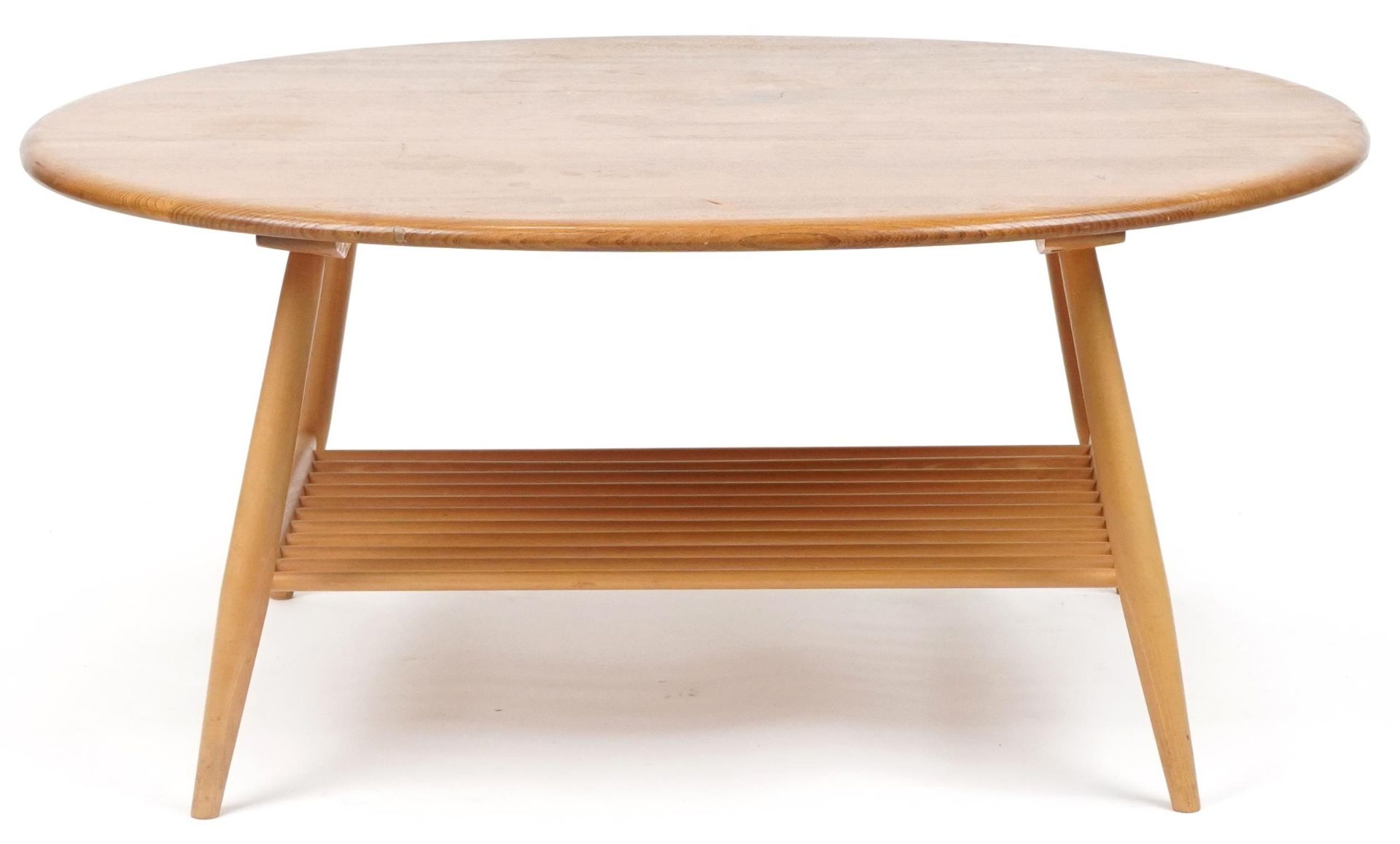 Ercol light elm coffee table with oval top, 44cm H x 99cm W x 82cm D - Image 4 of 5