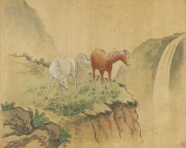 Two horses on a cliff, Chinese watercolour onto silk, red seal mark, mounted, framed and glazed,
