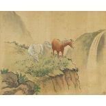 Two horses on a cliff, Chinese watercolour onto silk, red seal mark, mounted, framed and glazed,