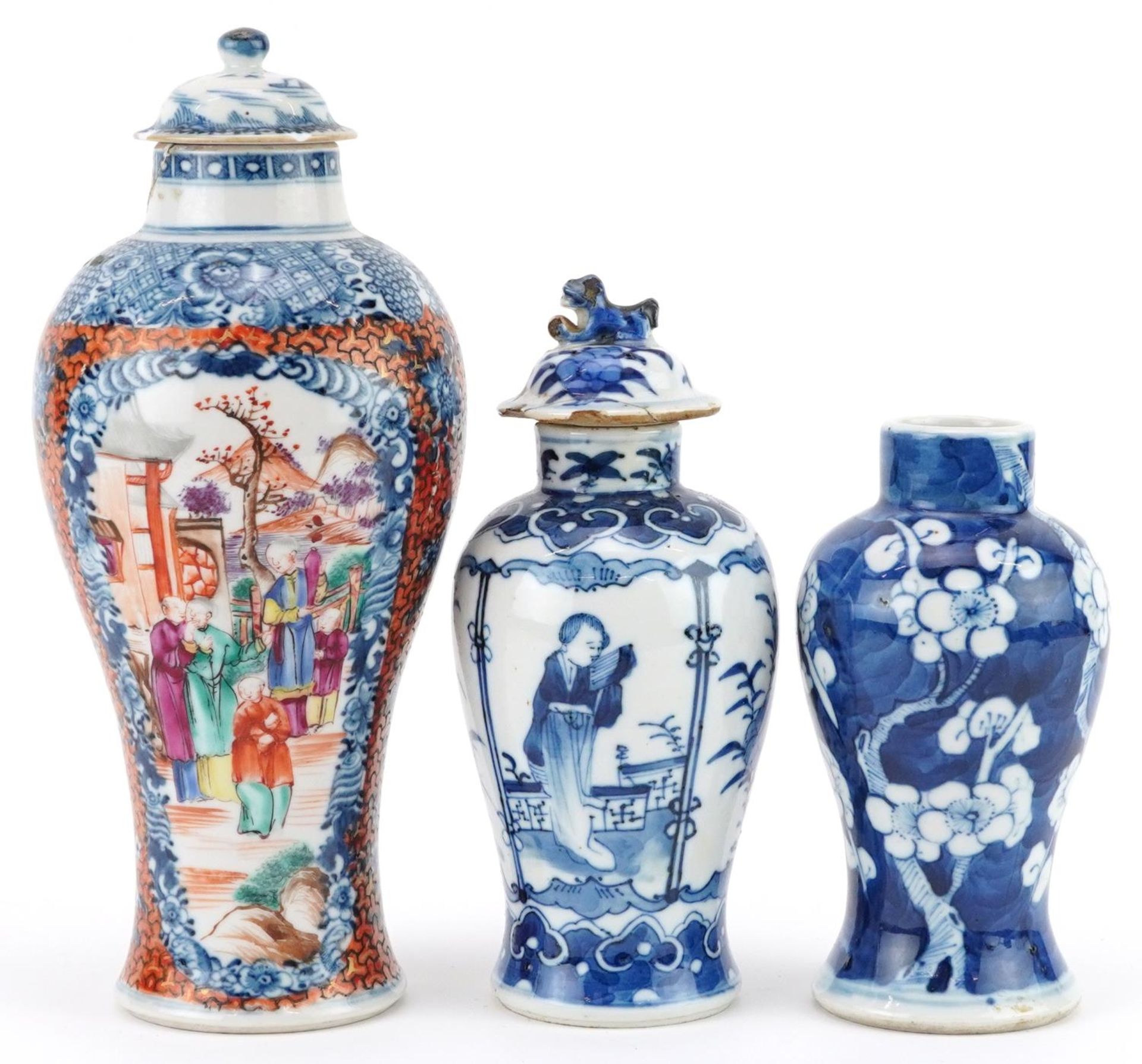 Three Chinese porcelain baluster vases with two covers including a Mandarin example hand painted