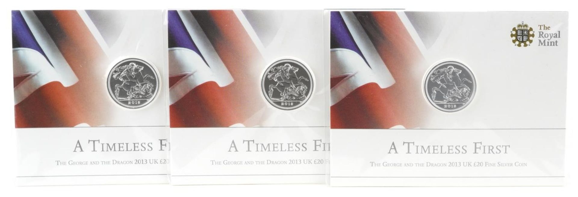 Three Elizabeth II 2013 George and the Dragon twenty pound fine silver coins by The Royal Mint