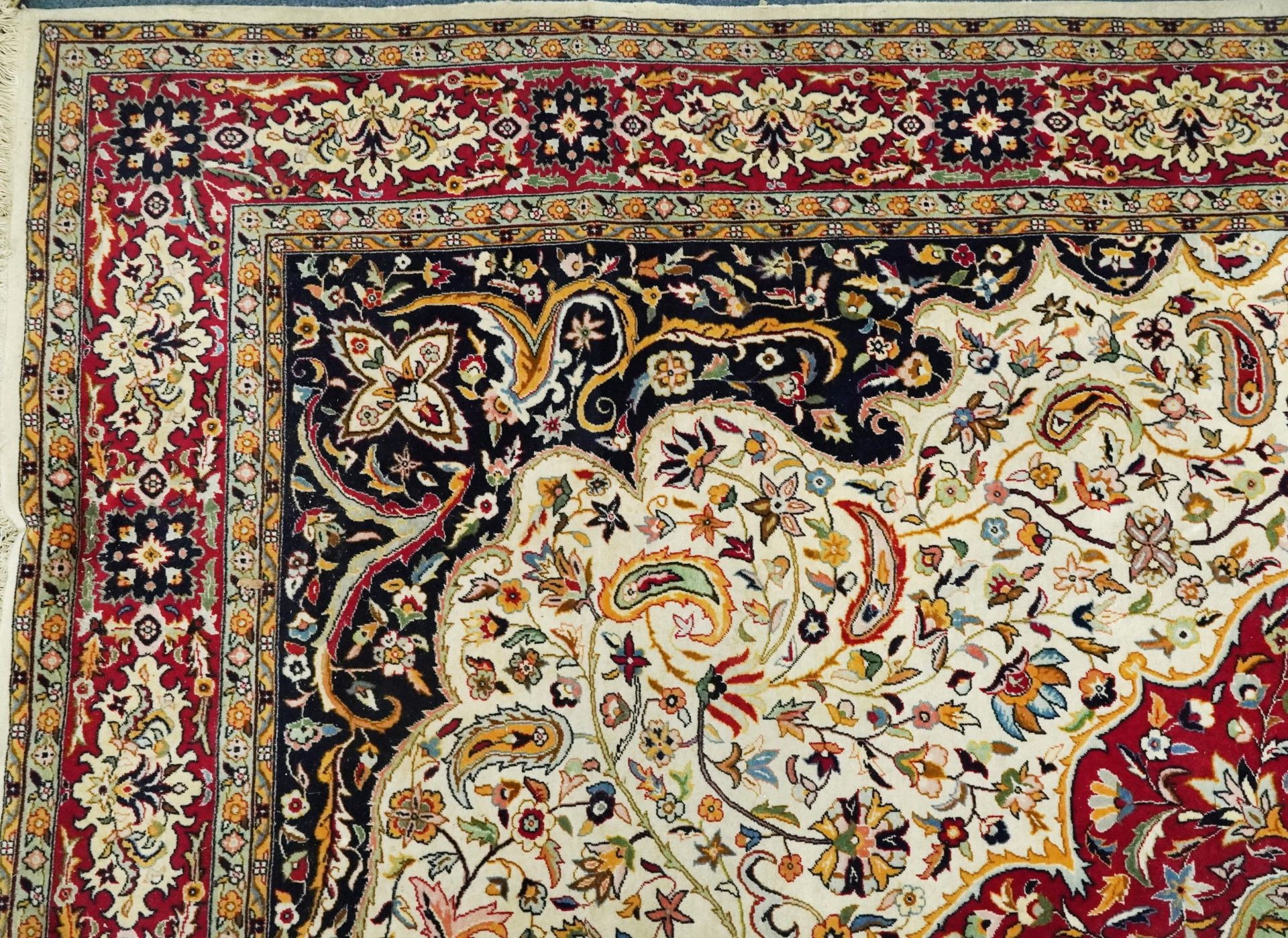 Rectangular Persian cream and red ground rug having an all over repeat floral design, 370cm x 270cm - Image 2 of 12