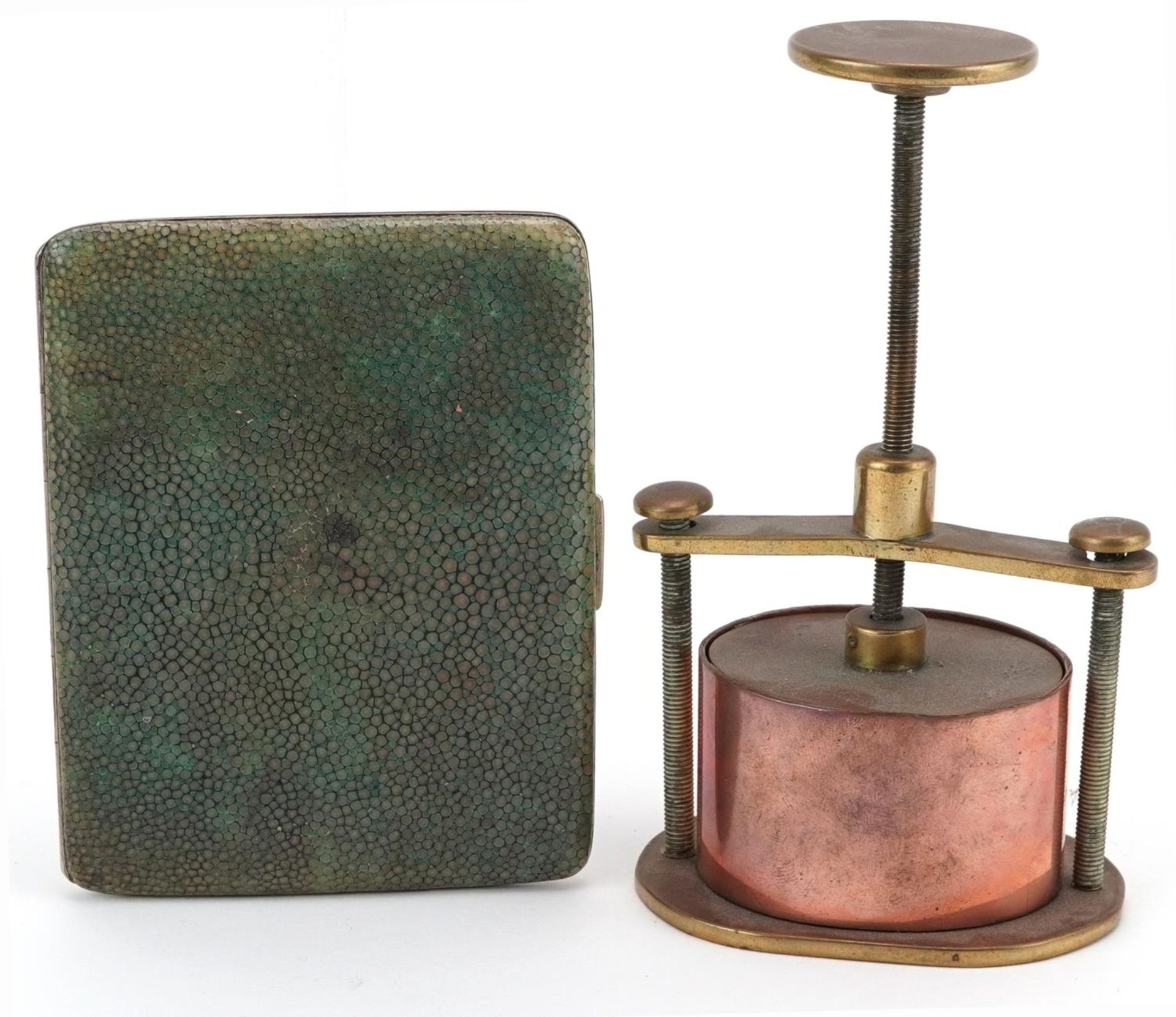 Art Deco shagreen cigarette case and a copper and brass flower press, the largest 12cm high