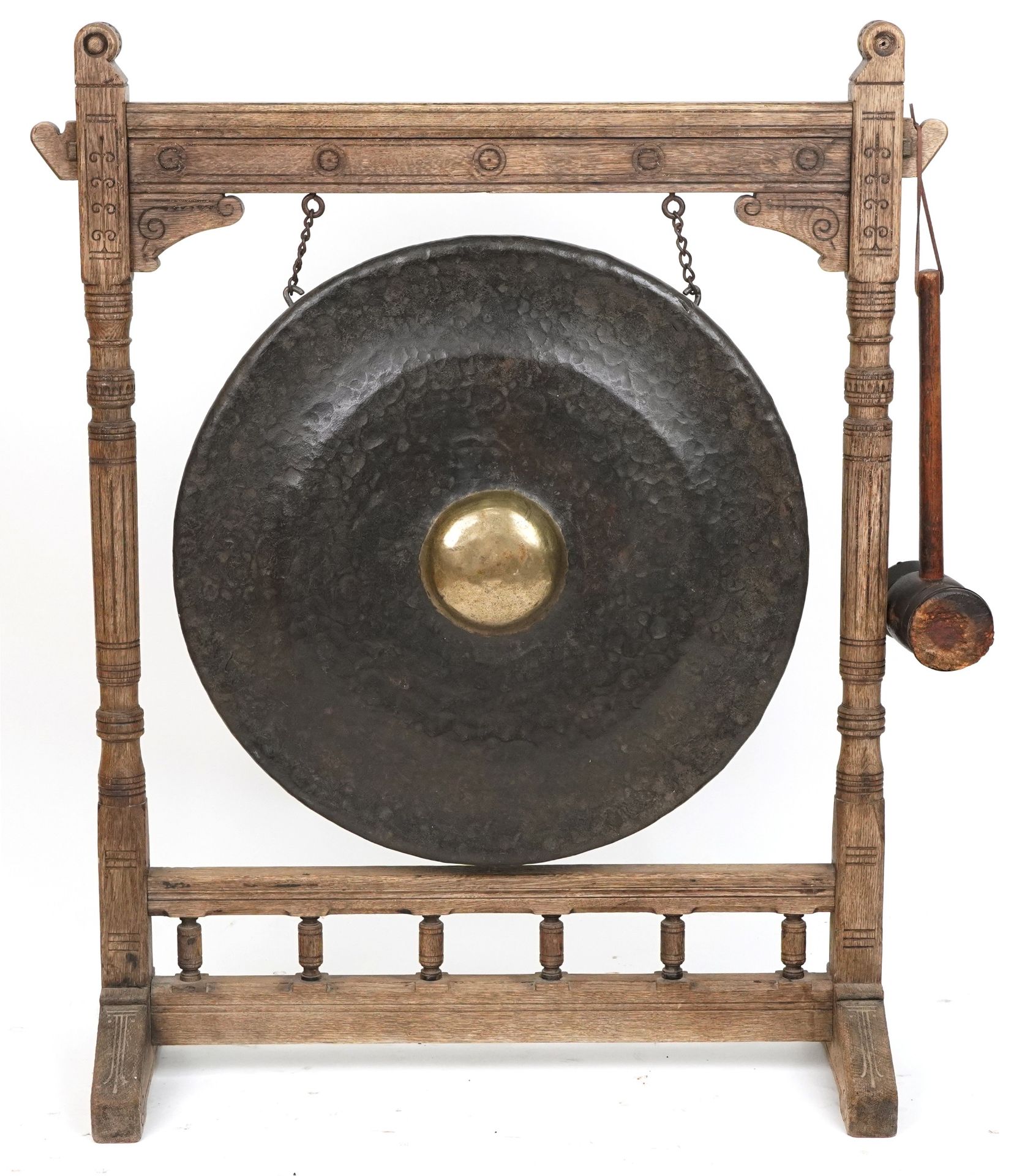 Large Antique Tibetan patinated bronze monastery gong on later oak stand, overall 121cm high x 100cm - Bild 2 aus 3