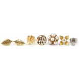 Seven 9ct gold and unmarked gold earrings including a diamond solitaire and cultured pearls, total