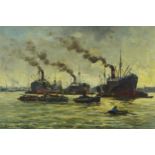 Fishing boats leaving a harbour, Impressionist oil on canvas, bearing an indistinct signature,