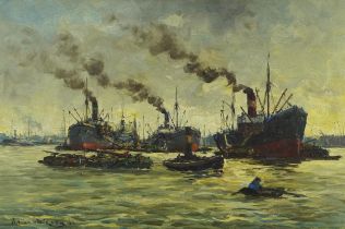 Fishing boats leaving a harbour, Impressionist oil on canvas, bearing an indistinct signature,
