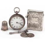 Edwardian and later silver objects including floral engraved vesta, Swiss silver open face ladies