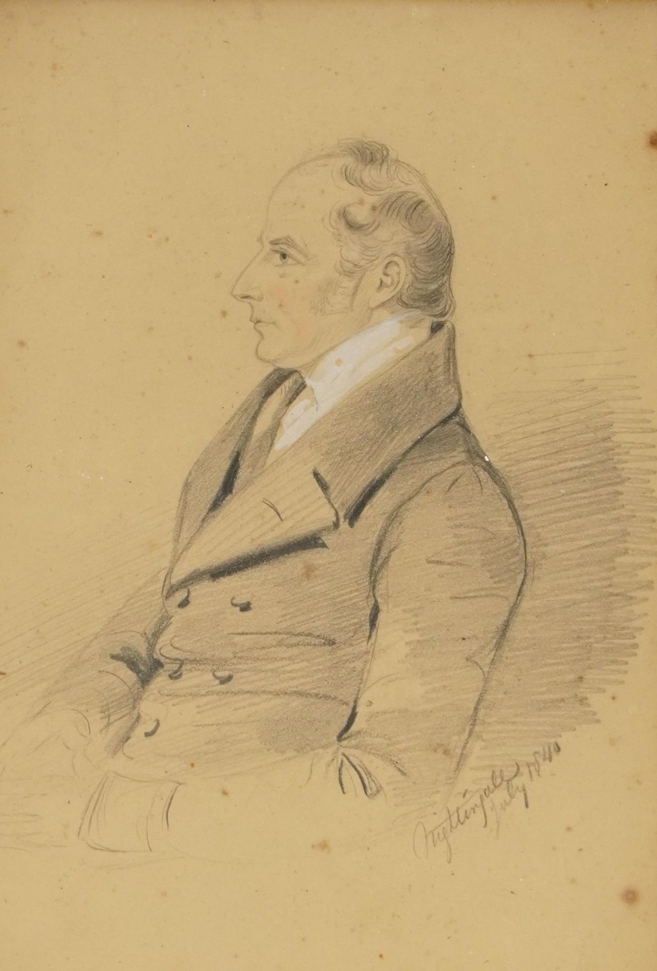 Top half portrait of a gentleman wearing a white cravat, mid 19th century heightened pencil