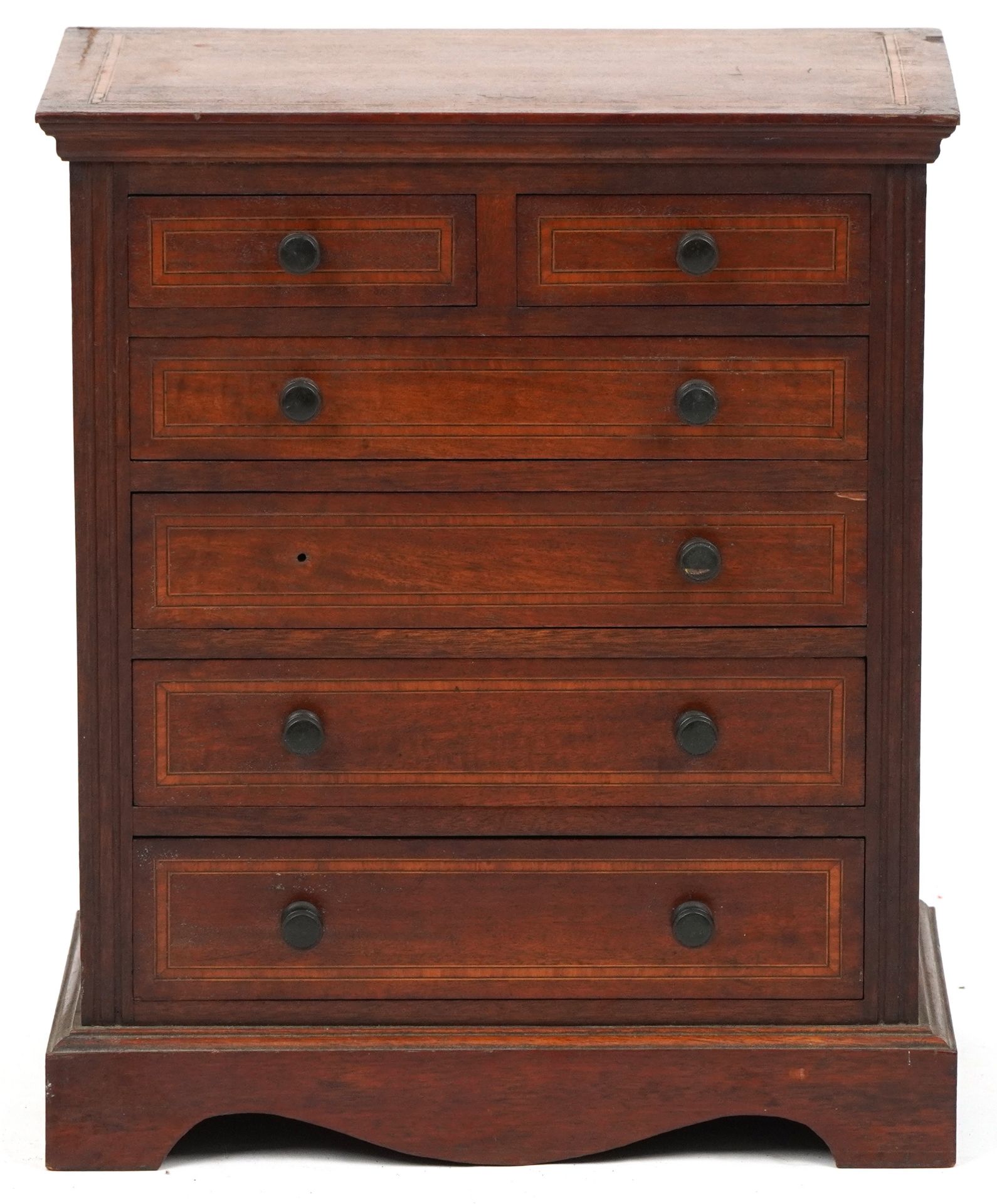 Early 20th century inlaid mahogany apprentice chest fitted with an arrangement of six drawers, - Image 2 of 4