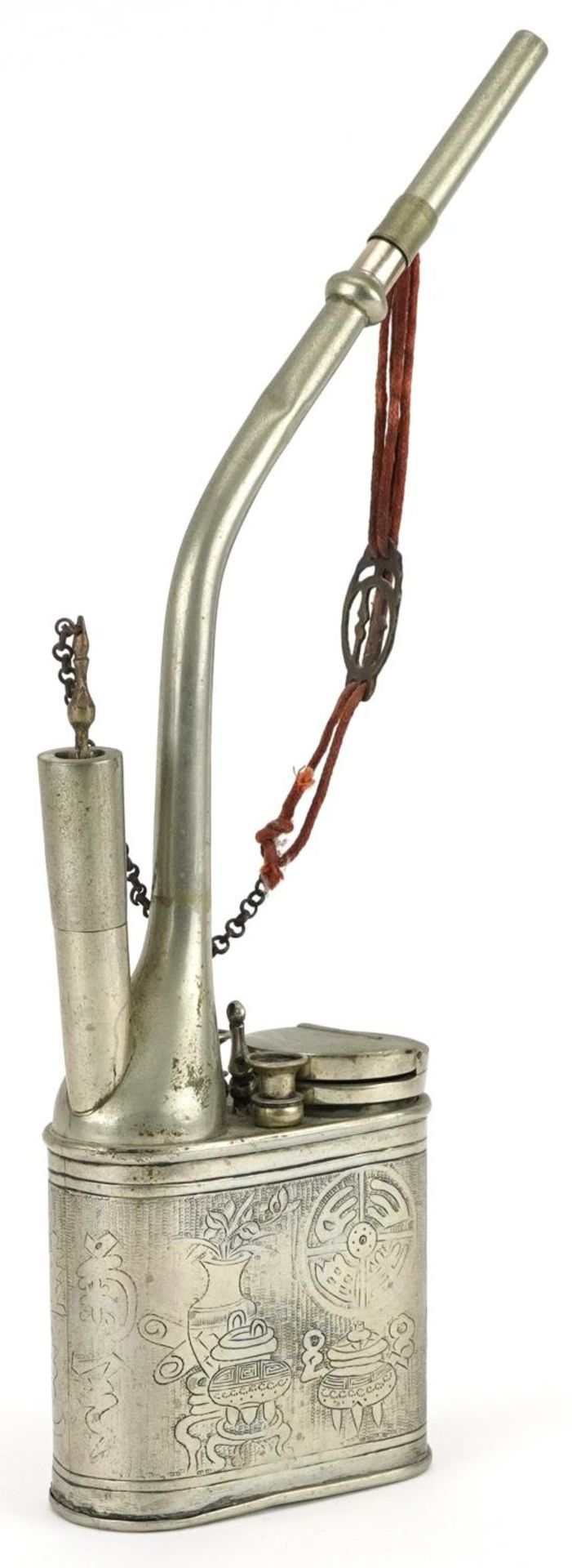 Chinese white metal opium pipe engraved with auspicious objects, character marks to the base, 27cm
