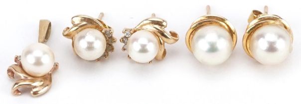 Gold and pearl jewellery comprising a pair of 9ct gold cultured pearl diamond stud earrings with