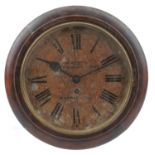 Victorian railwayana interest mahogany wall clock, possibly from a station having circular dial with