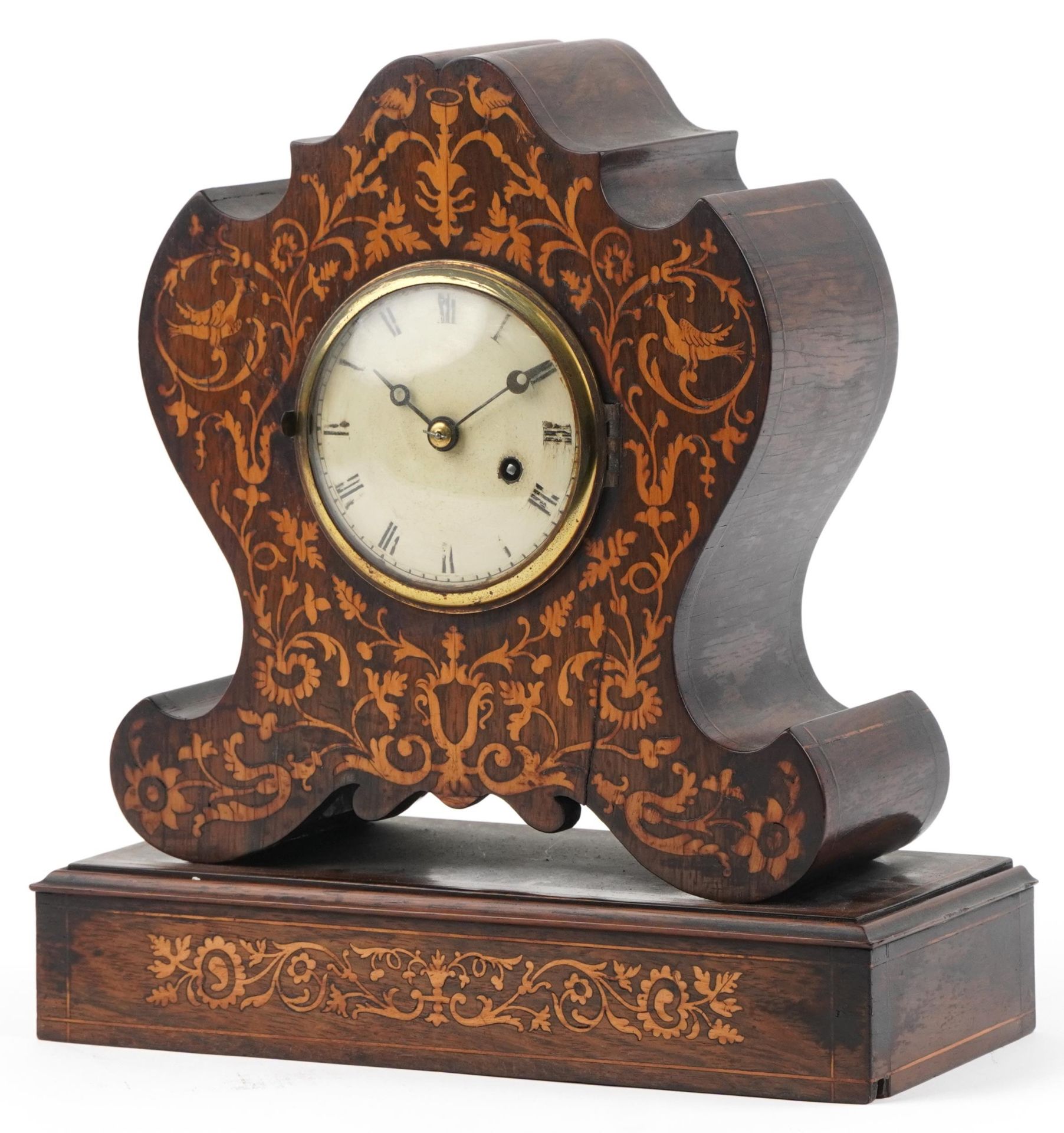 19th century inlaid rosewood mantle clock with circular painted dial having Roman numerals, 33cm