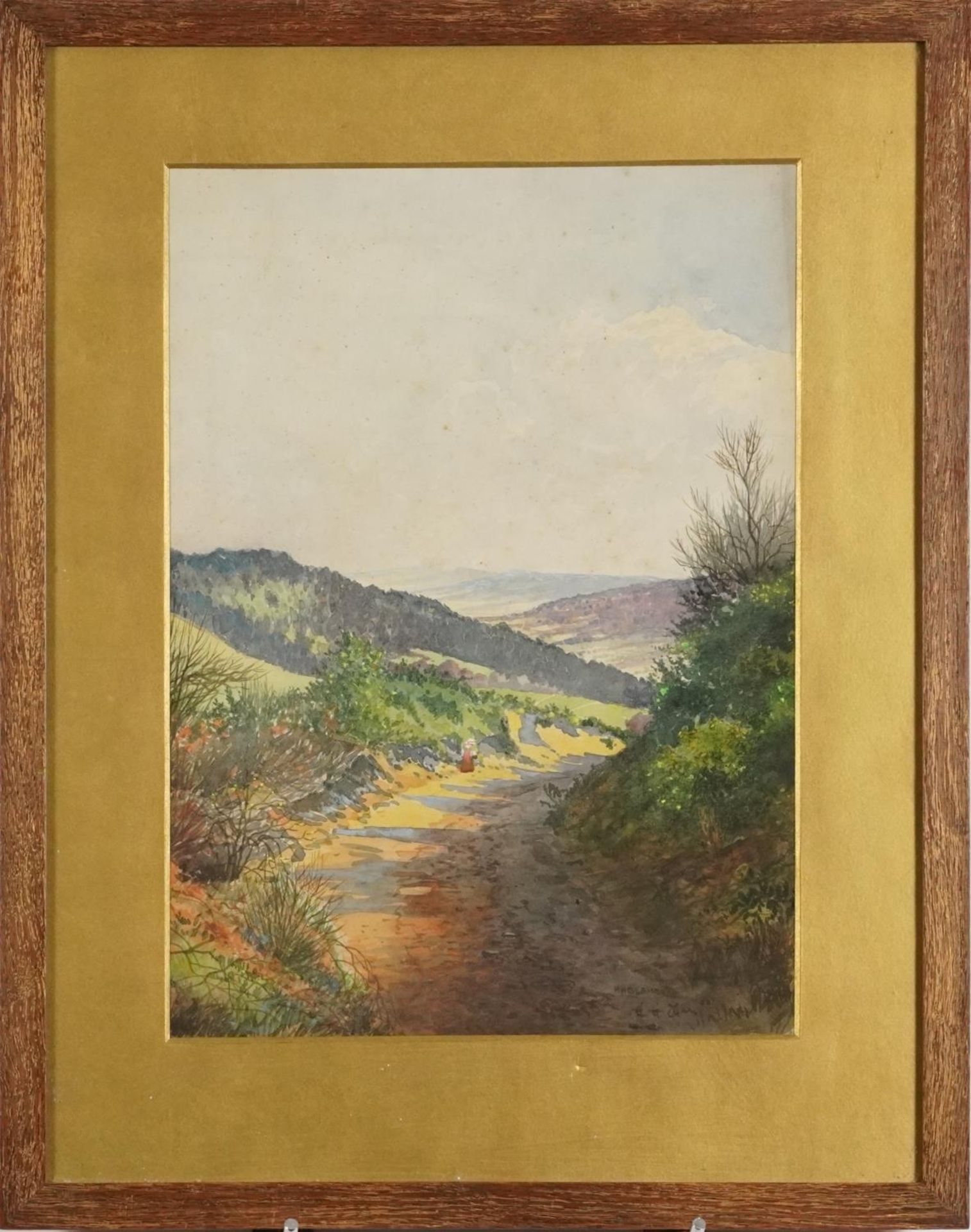 E G May - Haslemere landscape with figure, signed watercolour, mounted, framed and glazed, 34.4cm - Bild 2 aus 4