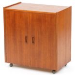 Mid century teak two door side cupboard with fitted interior, 65cm H x 61cm W x 36cm D