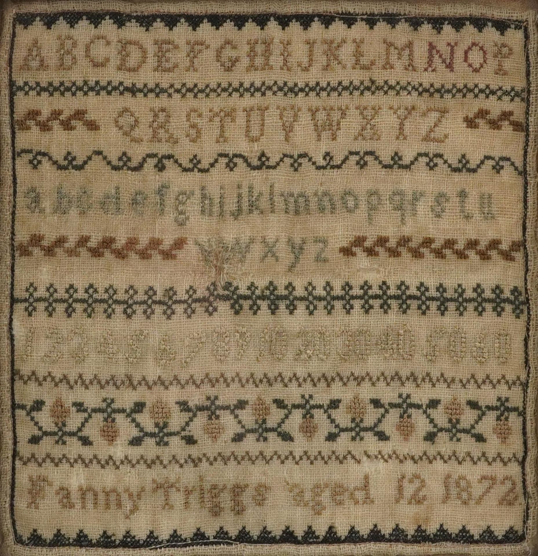 Victorian needlework sampler worked by Fanny Triggs aged 12 1872, mounted, framed and glazed, 15cm x