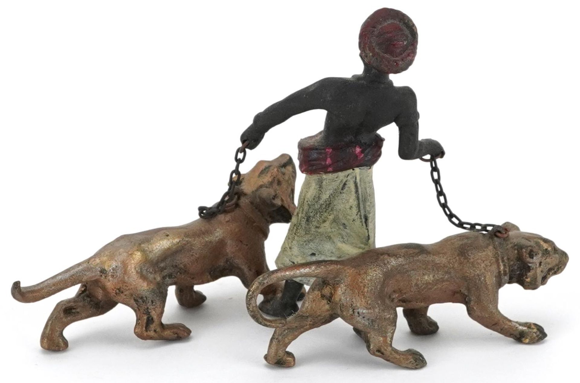Austrian style cold painted bronze figure group of a tiger handler with two tigers, 10.5cm wide - Image 2 of 3