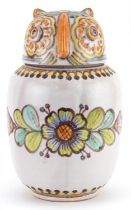 V Pinto Vietri, mid century Italian jar and cover in the form of an owl hand painted with stylised