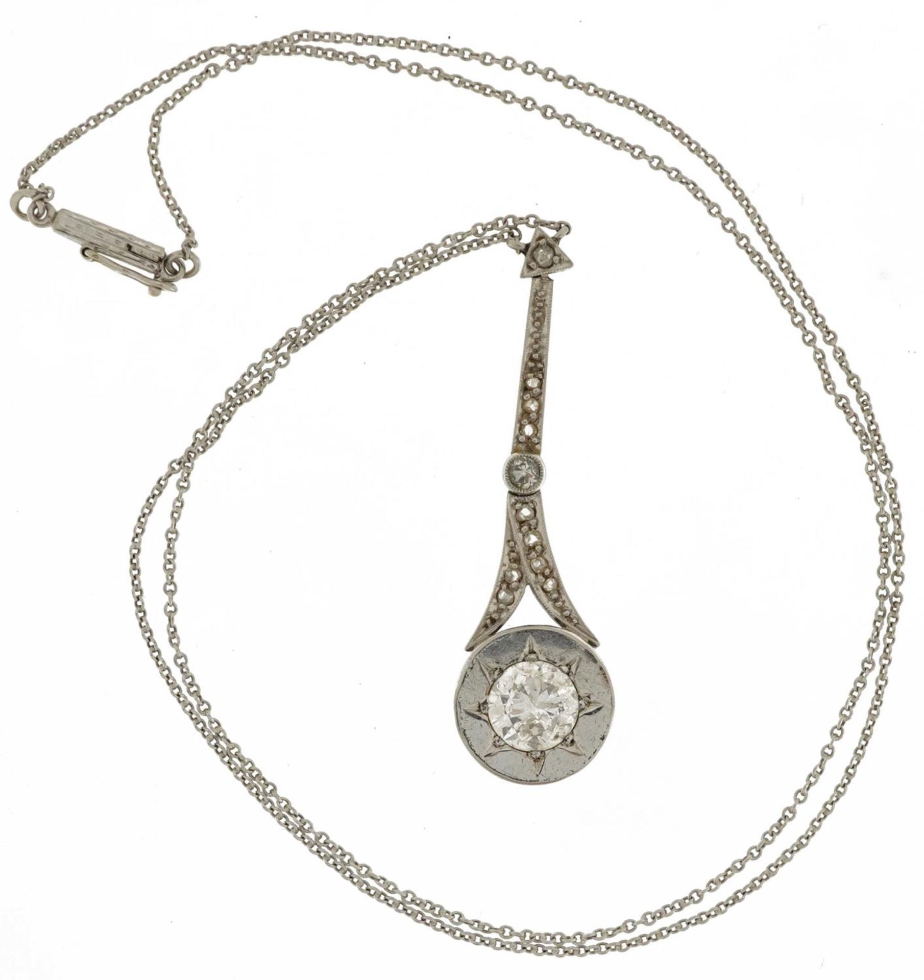 Unmarked white gold diamond pendant on an unmarked white gold necklace, the largest diamond - Image 2 of 4