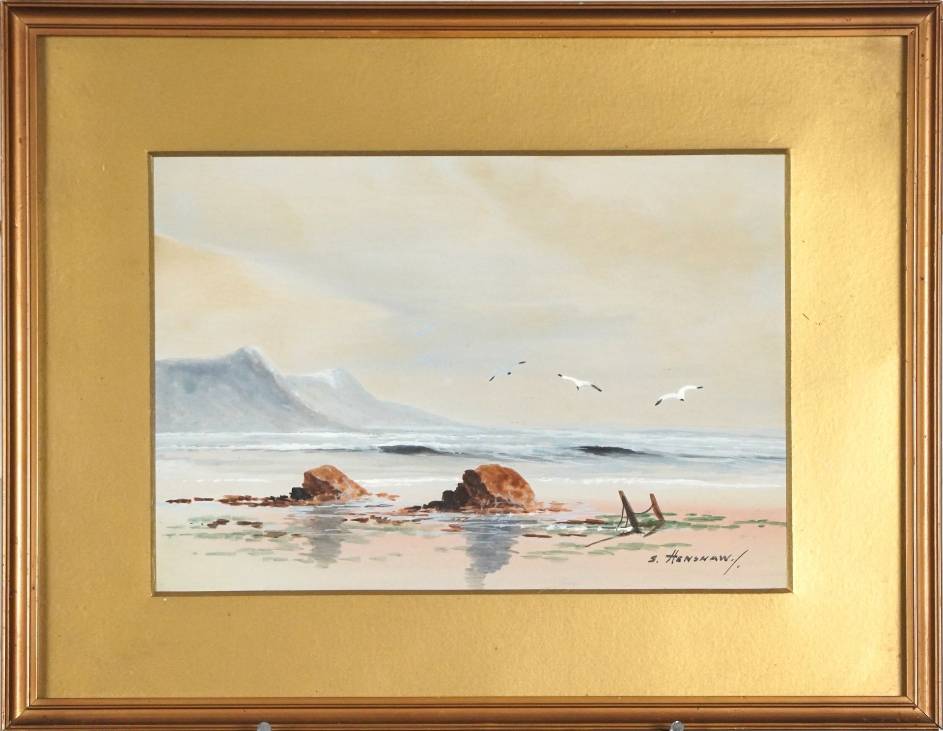 S Henshaw - Coastal scenes, pair of heightened watercolours, mounted, framed and glazed, each 24.5cm - Image 7 of 9