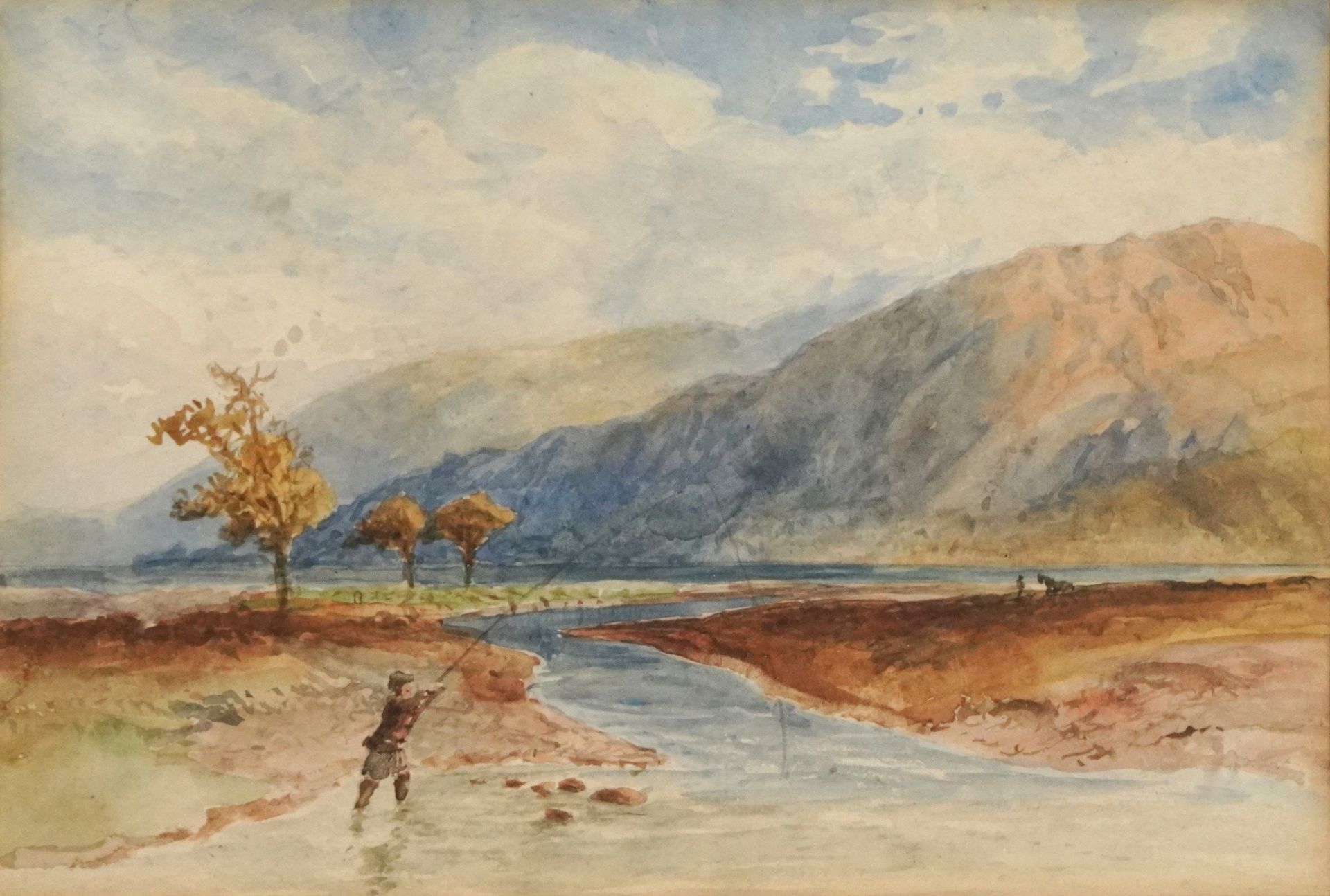 Three 19th century watercolours including an example of a gentleman fishing in a river, each - Image 2 of 11
