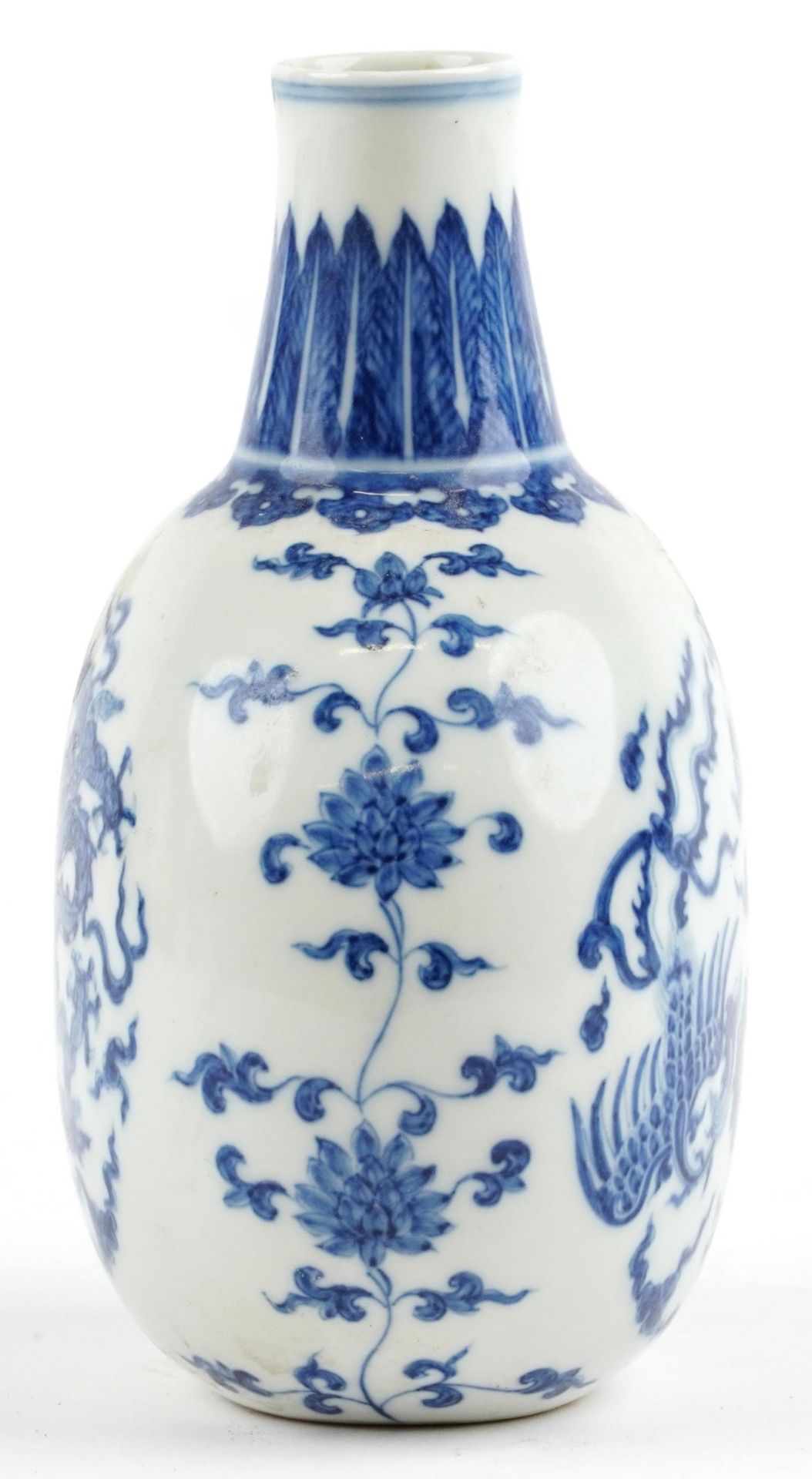 Chinese blue and white porcelain moon flask hand painted with stylised roundels of dragons chasing a - Image 3 of 7