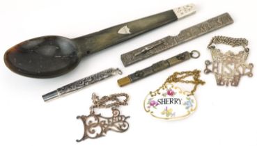 19th century and later sundry items including a horn spoon with white metal mounts, silver pencil