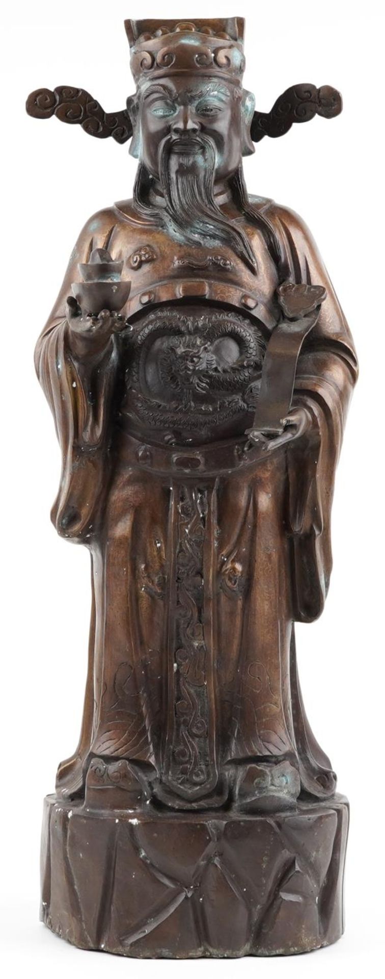 Large Chinese watered bronze figure of a standing emperor holding a ruyi sceptre, 78cm high