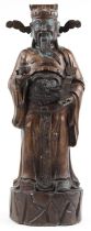 Large Chinese watered bronze figure of a standing emperor holding a ruyi sceptre, 78cm high