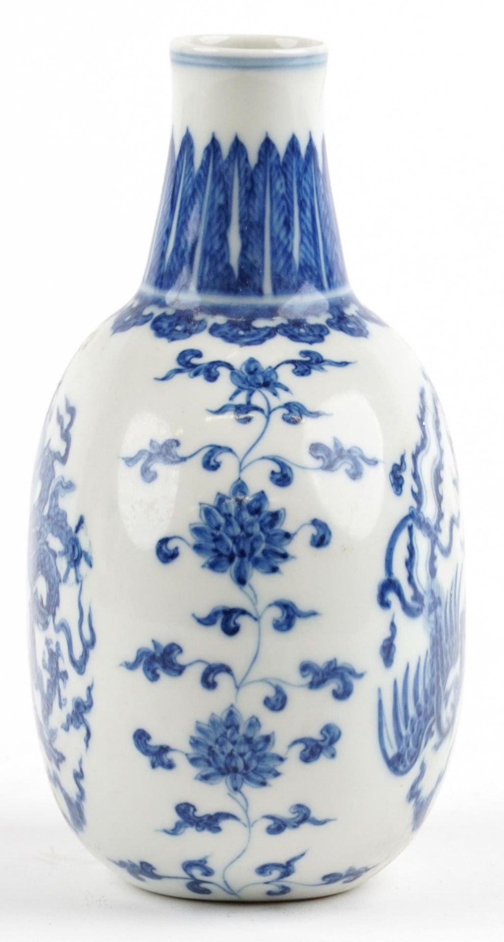 Chinese blue and white porcelain moon flask hand painted with stylised roundels of dragons chasing a - Image 4 of 7