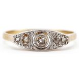 Art Deco 18ct gold and platinum diamond five stone ring, size M, 1.7g