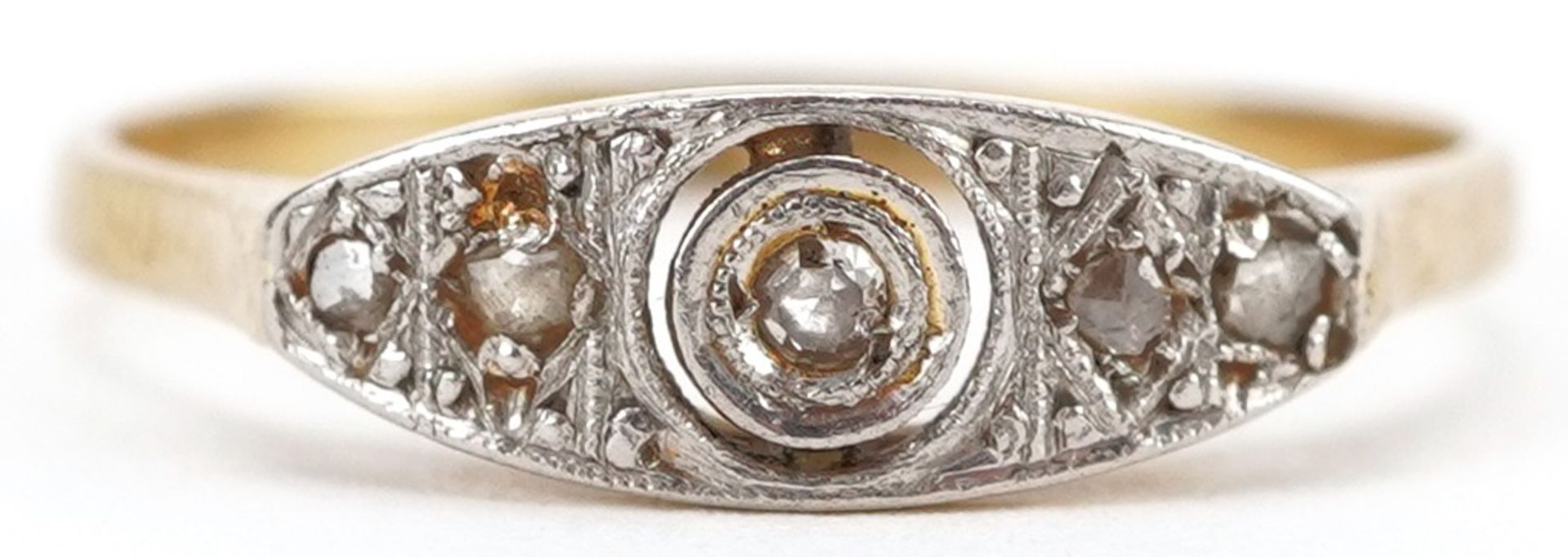 Art Deco 18ct gold and platinum diamond five stone ring, size M, 1.7g