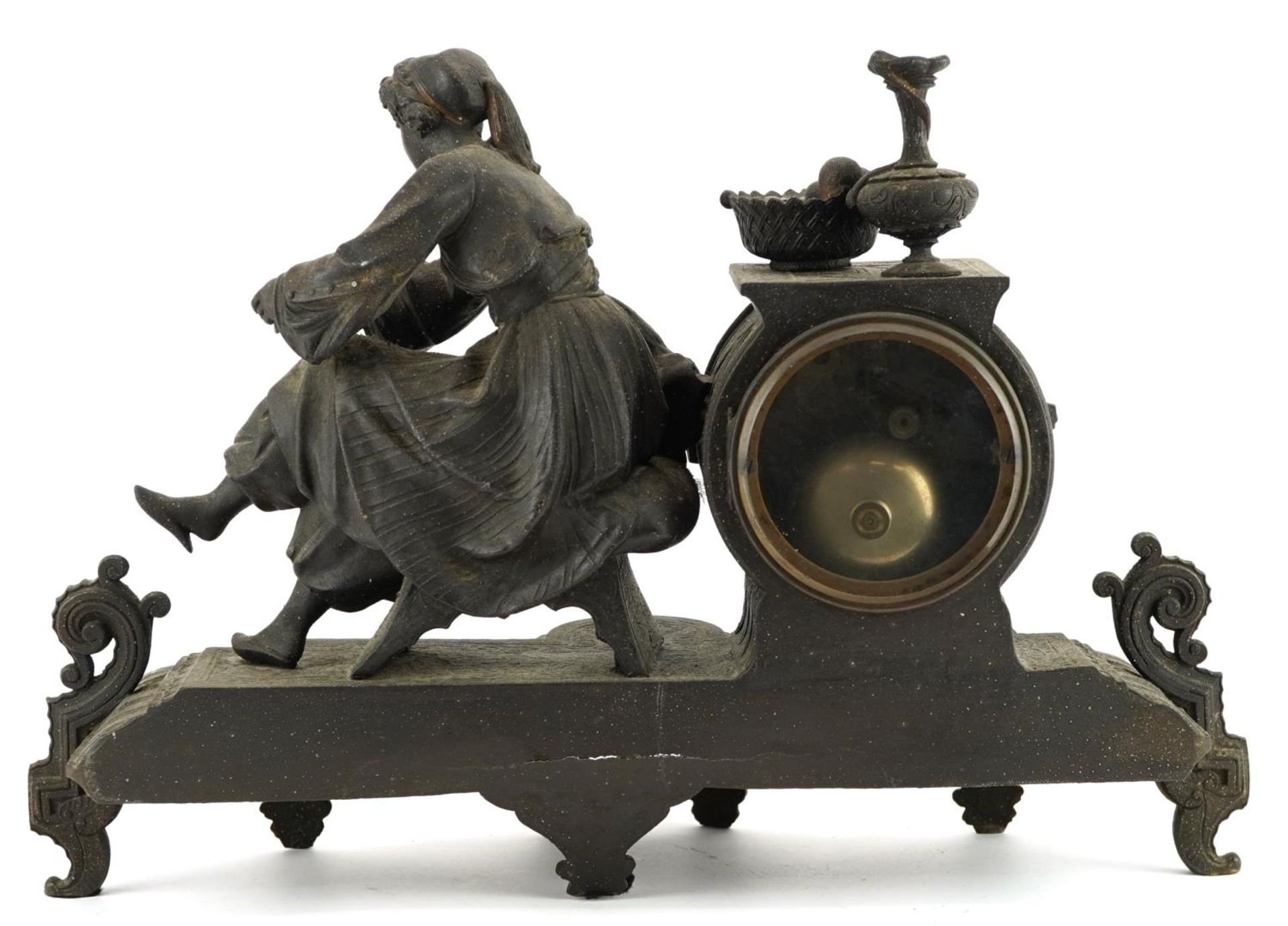 19th century partially gilt patinated spelter figural mantle clock striking on a bell with - Image 2 of 3
