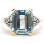 Art Deco style 9ct gold aquamarine ring with diamond set shoulders housed in a W Bruford box, the