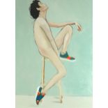 Clive Fredriksson - Nude boy on a stool, contemporary oil, mounted, framed and glazed, 89.5cm x 65cm