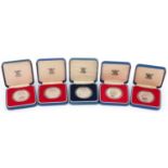 Five 1977 silver proof commemorative crowns by The Royal Mint with fitted cases